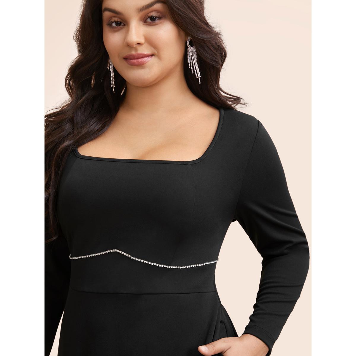 Plus Size Square Neck Shirred Rhinestone Midi Dress Black Women Cocktail Rhinestone detailing Party Curvy Bloomchic 30/6X Product Image