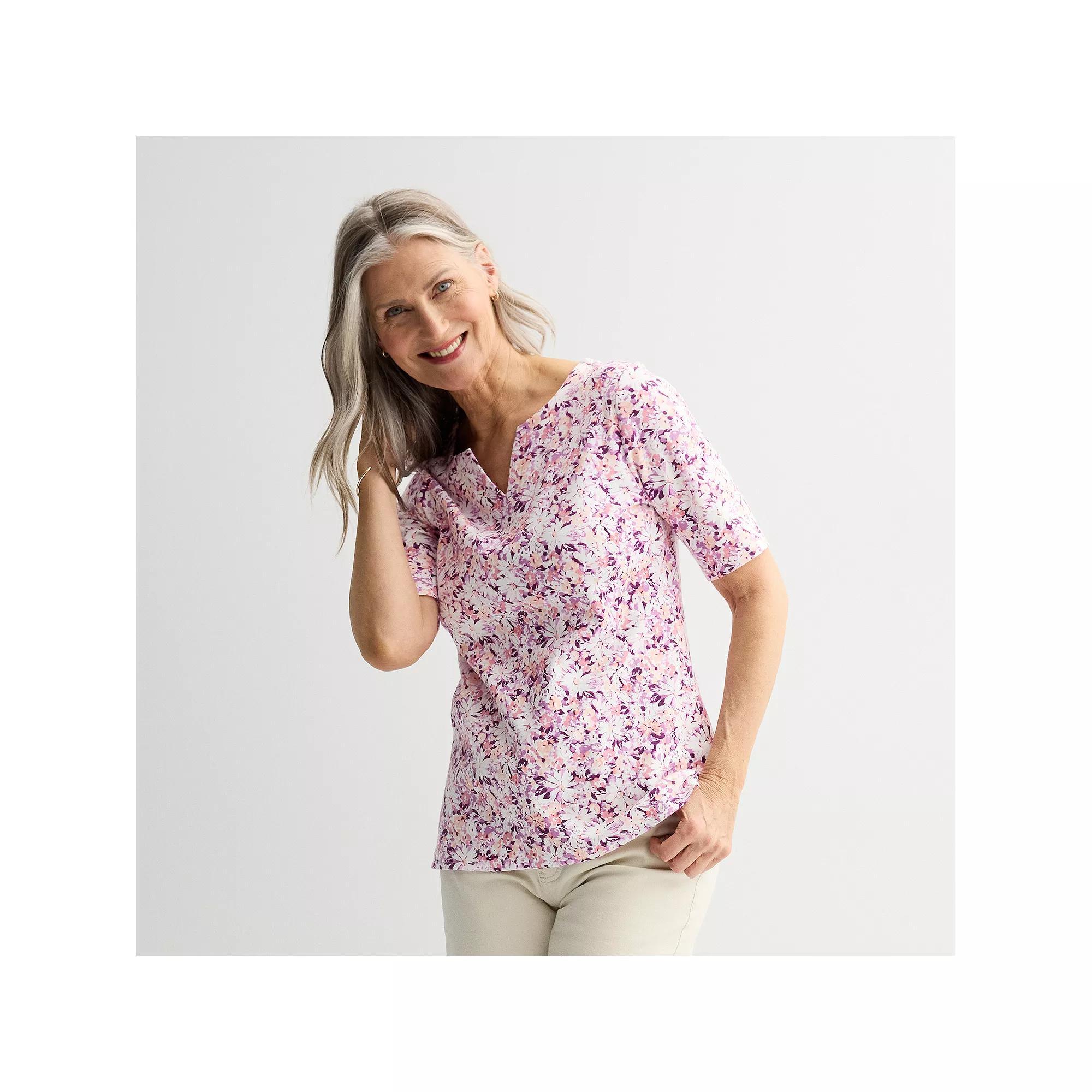 Petite Croft & Barrow® Elbow Sleeve Splitneck Top, Women's, Size: Small Petite, Purple Team Floral Product Image