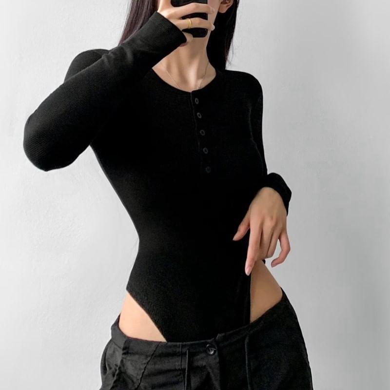 Long-Sleeve Plain Ribbed Bodysuit Top Product Image