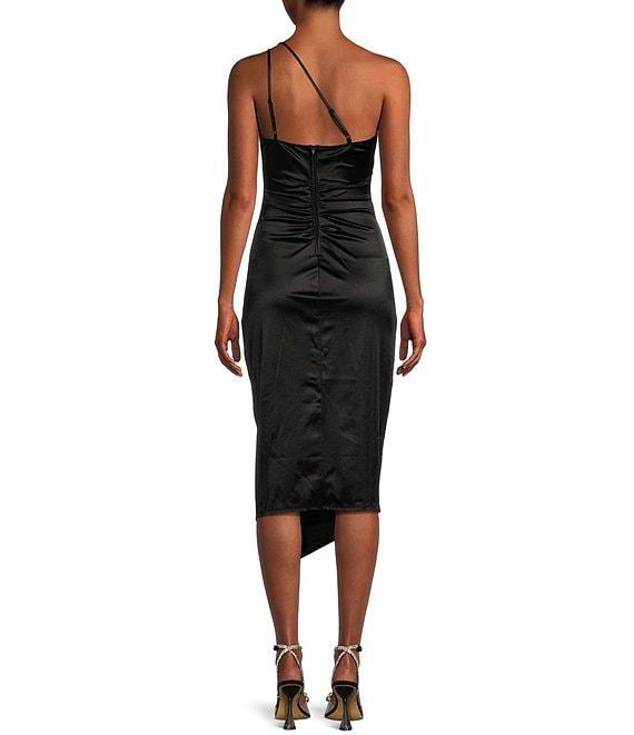 One Shoulder Shirred Side Slit Satin Midi Dress Product Image