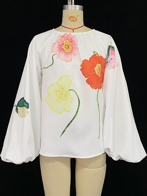 Long Sleeves Loose Elasticity Flower Print Pleated Round-neck Blouses&shirts Tops Product Image