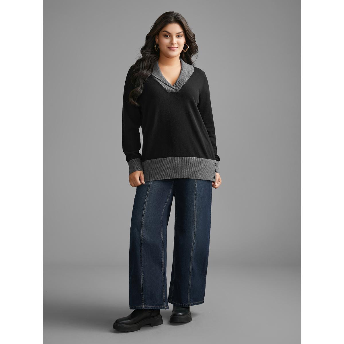 Plus Size Contrast Overlap Collar Button Detail Pullover Black Women Casual Loose Long Sleeve Overlap Collar Everyday Pullovers BloomChic 12/L Product Image