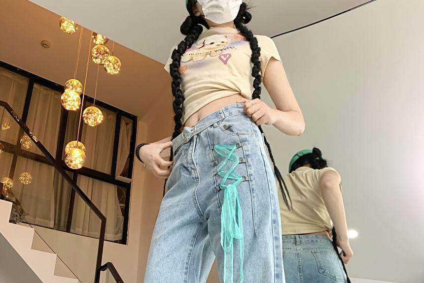 Mid Rise Ribbon Washed Loose Fit Jeans Product Image