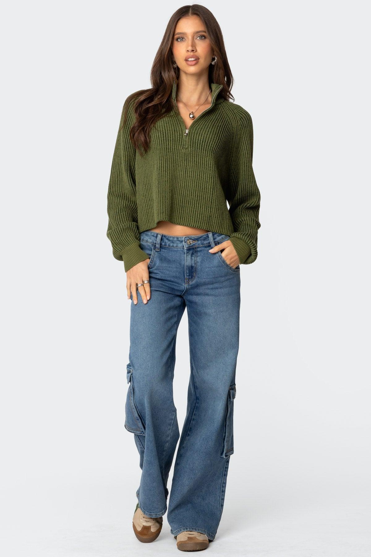 Cropped Rib Knit Half Zip Sweater Product Image