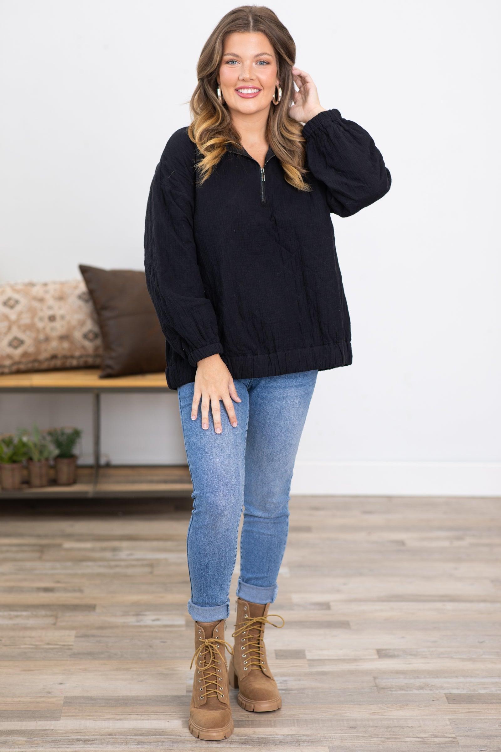 Black Quilted 1/4 Zip Mock Neck Pullover Product Image