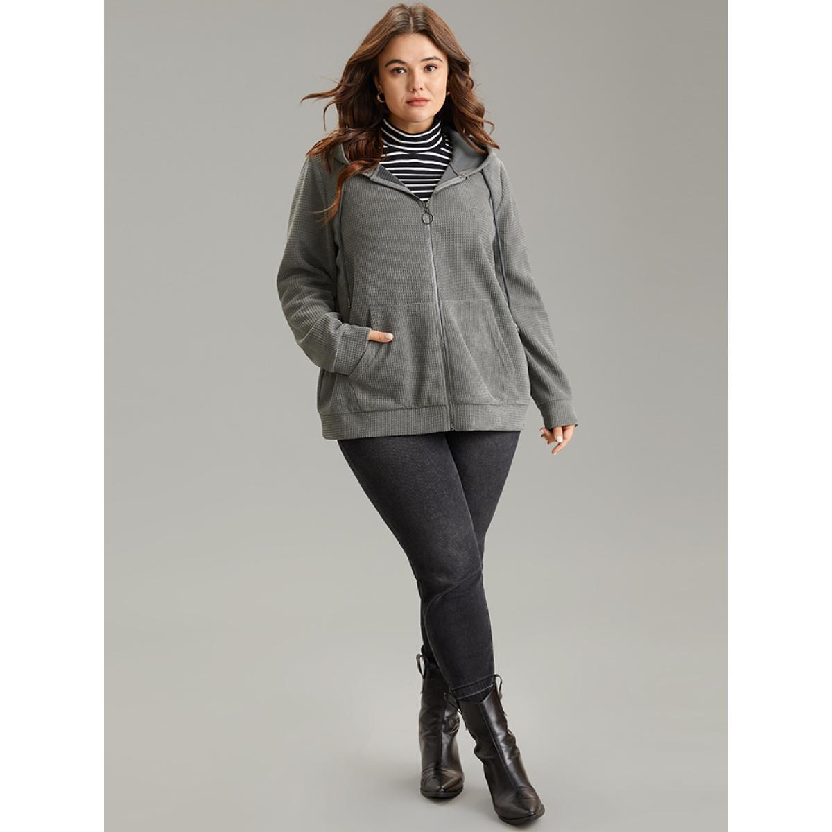 Plus Size Waffle Knit Plain Hooded Pocket Thick Sweatshirt Women DimGray Casual Waffle Knit Hooded Dailywear Sweatshirts BloomChic 22-24/3X Product Image