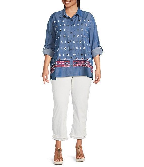 Calessa Plus Size Embroidered Point Collar Long Roll-Tab Sleeve Button Front Tunic Product Image