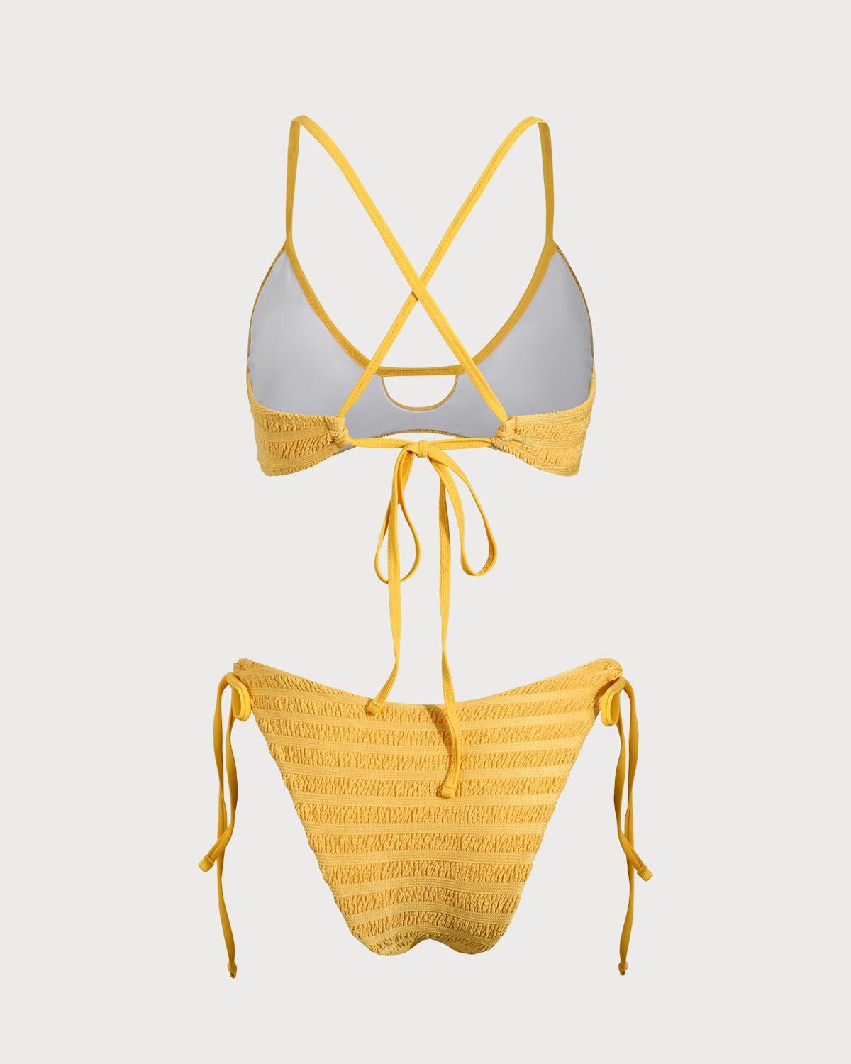 Yellow Textured Ruched Cutout Bikini Set Product Image