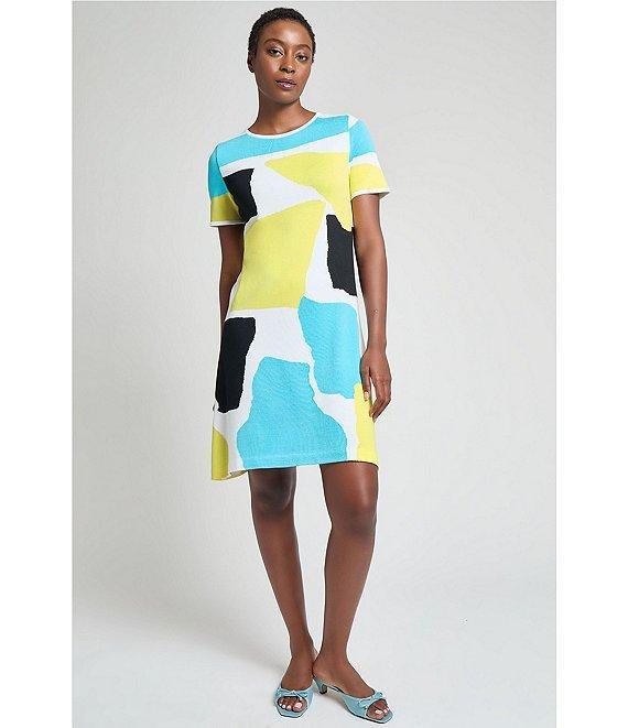 Ming Wang Soft Knit Abstract Color Block Round Neck Short Sleeve Dress Product Image