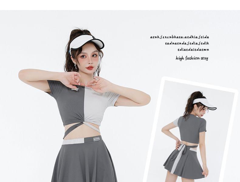 Set: Short-Sleeve Two Tone Knot Crop Swim Top + Skirt + Bikini Bottom Product Image