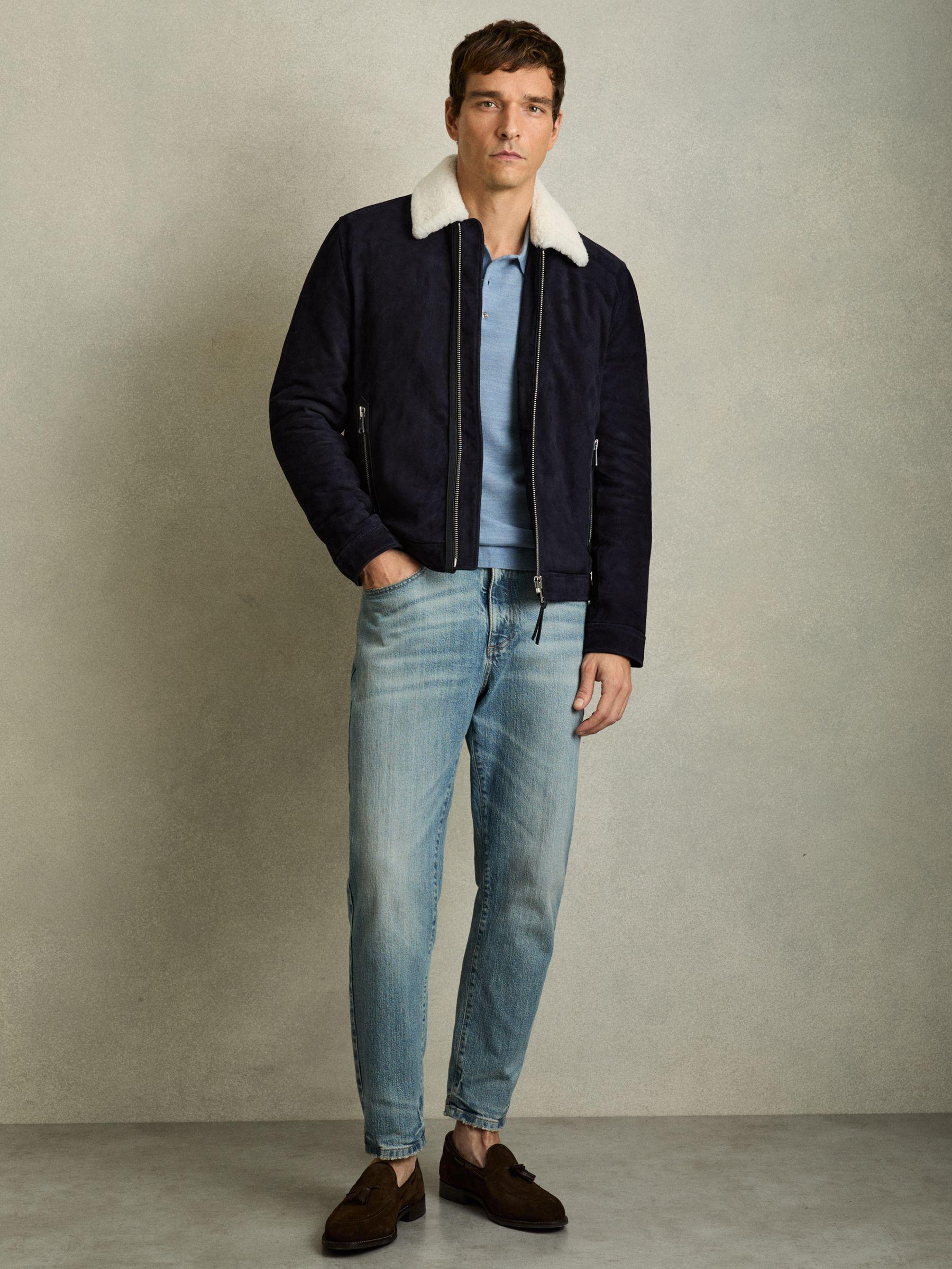 Suede Shearling-Collar Jacket in Navy Product Image