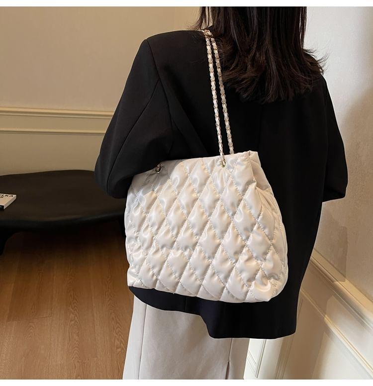 Chain Strap Plain Quilted Faux Leather Tote Bag Product Image