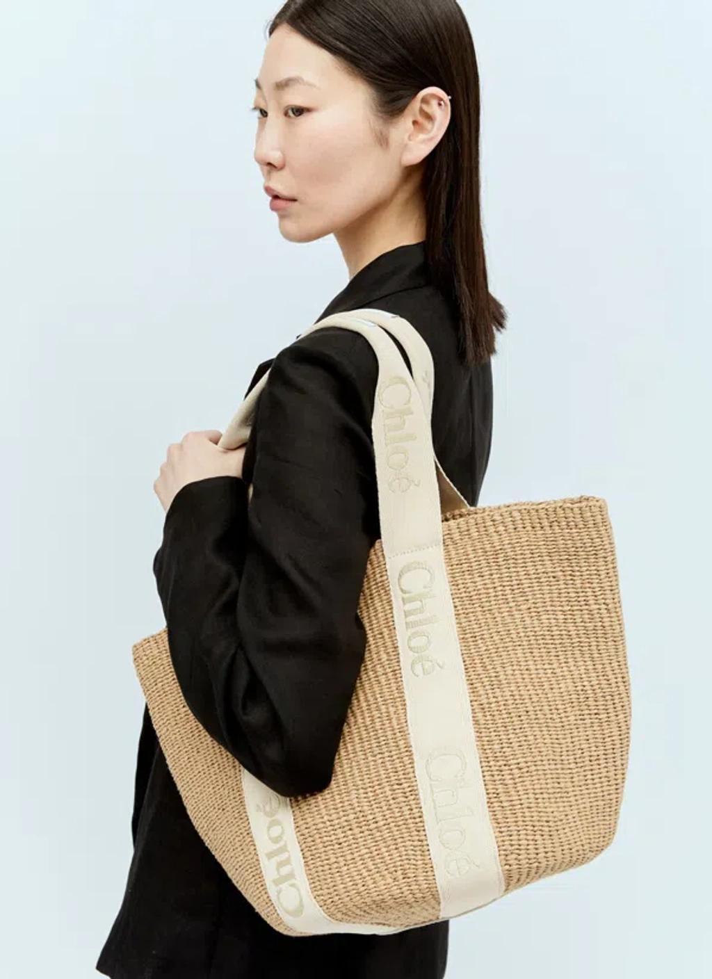 CHLOÉ Woody Large Leather-trimmed Raffia Tote In Wild Grey Product Image