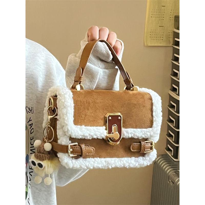 Top Handle Fleece Trim Buckled Flap Crossbody Bag Product Image