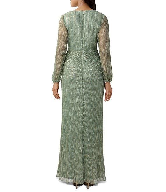 Adrianna Papell Metallic Long Sleeve Surplice V-Neck Ruched Detailed Draped Gown Product Image