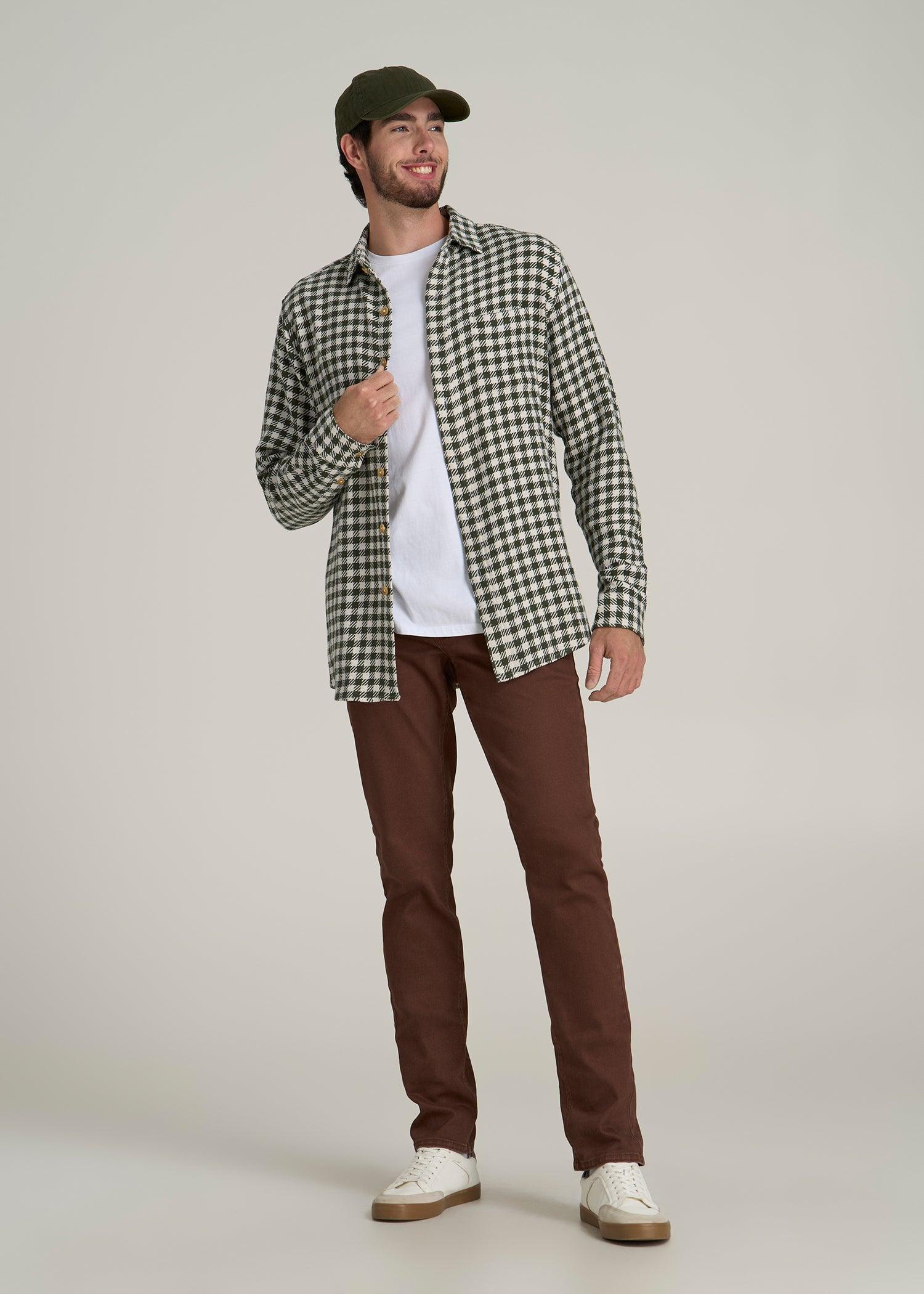 Lightweight Woven Overshirt for Tall Men in Olive and Ecru Check Male Product Image