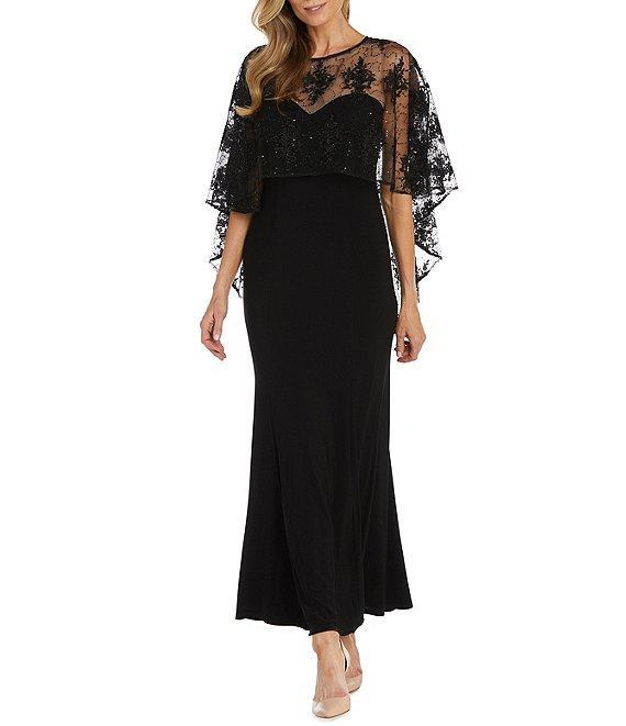R & M Richards Sweetheart Neck Embroidered Mesh Cape Overlay Dress Product Image