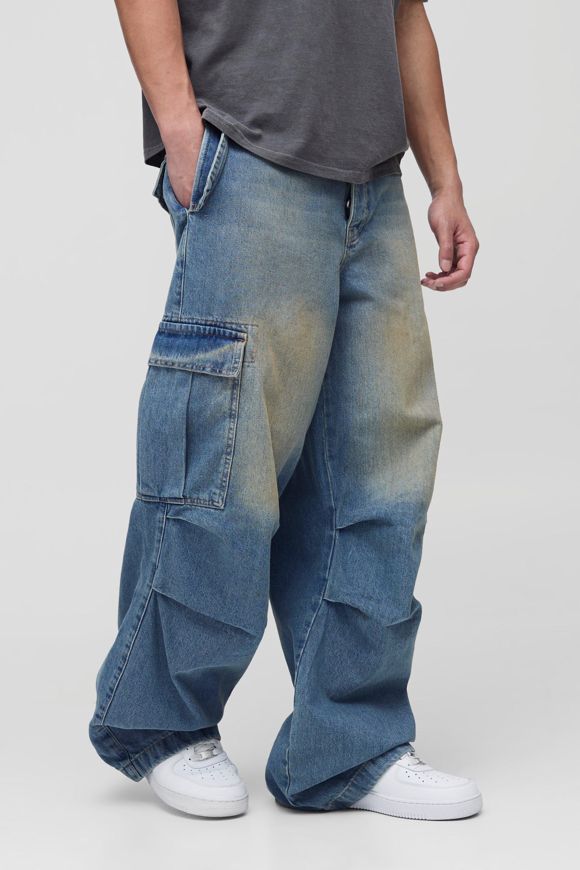 Tall Pleat Knee Baggy Cargo Jeans | boohooMAN USA Product Image