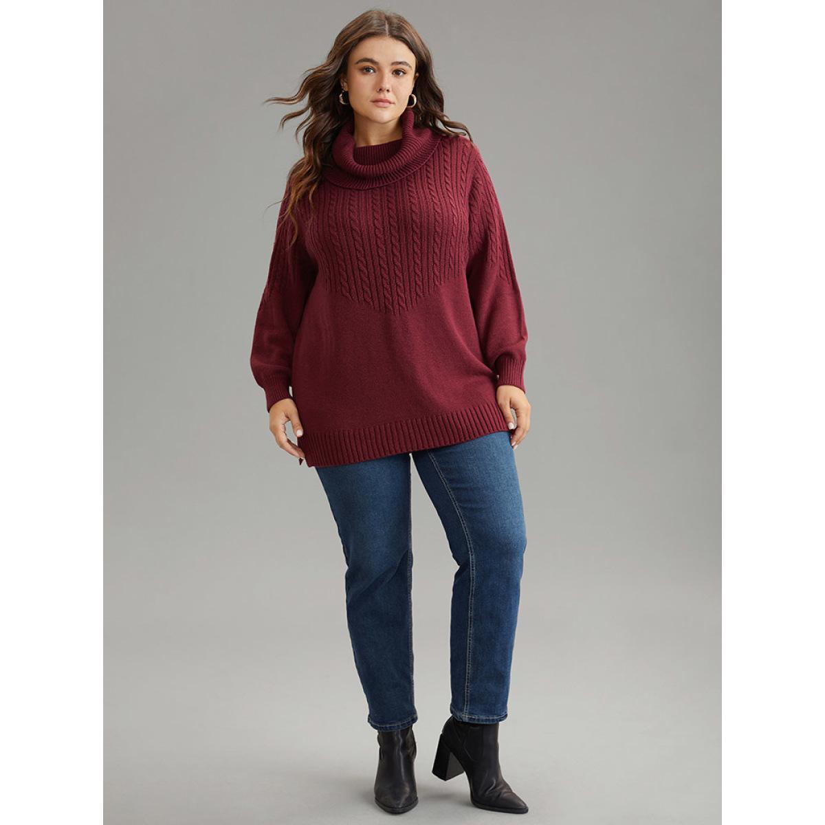 Plus Size Anti-Pilling Cable Knit Turtle Neck Patchwork Pullover Burgundy Women Casual Loose Long Sleeve Turtleneck Dailywear Pullovers BloomChic 10/M Product Image