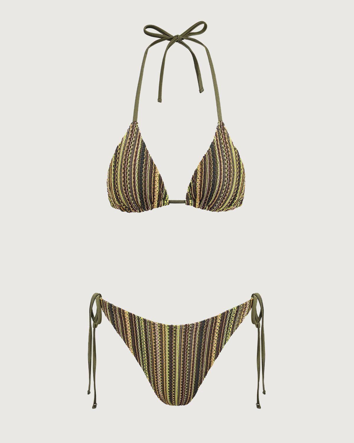 Green Striped Halter Triangle Bikini Set Product Image