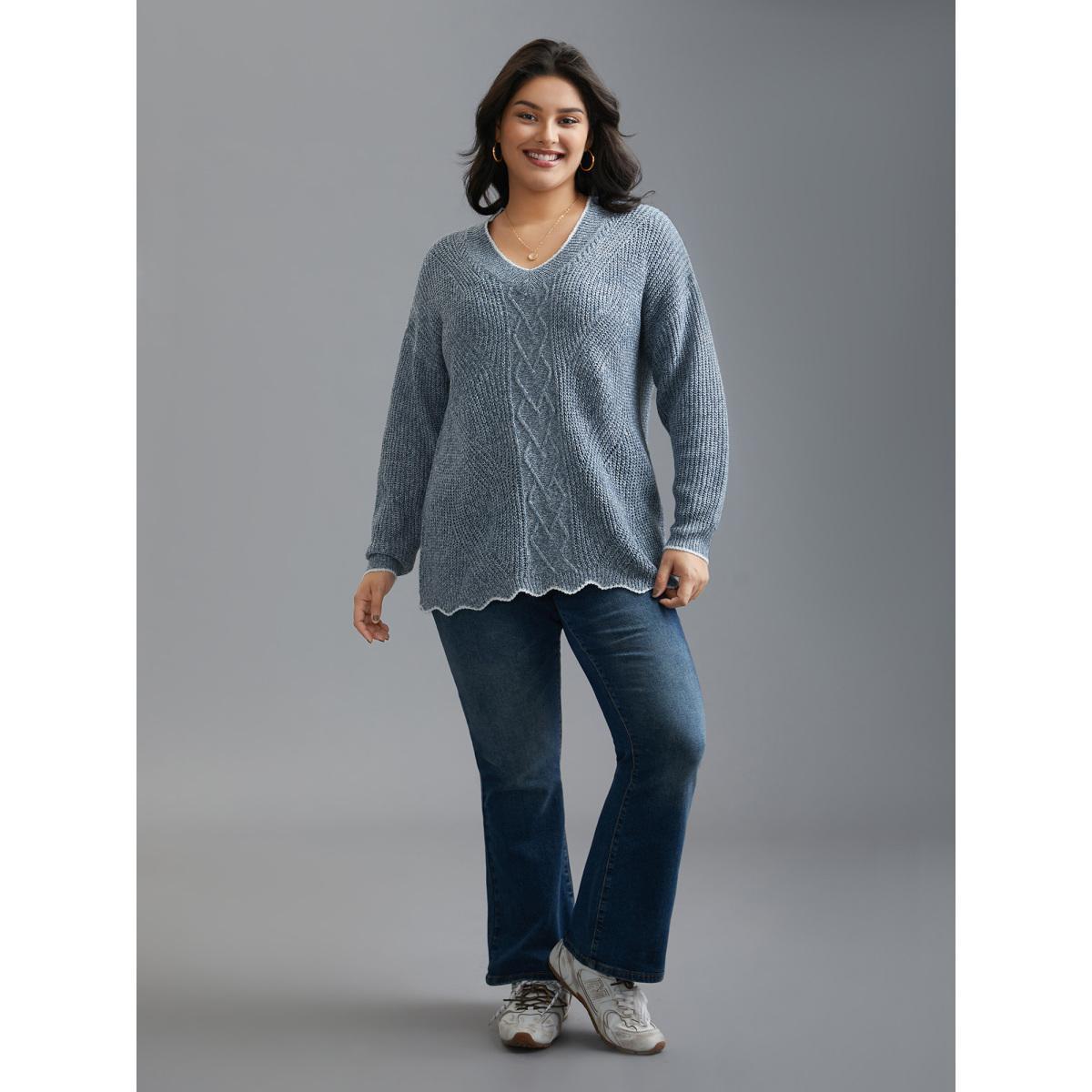 Plus Size Plain Textured Contrast Trim Cable Knit Pullover LightBlue Women Casual Loose Long Sleeve V-neck Everyday Pullovers BloomChic 22-24/3X Product Image