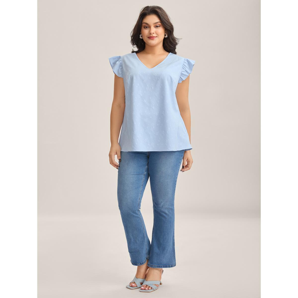 Plus Size Floral Print Textured Flutter Sleeve Tank Top Women LightBlue Texture V-neck Everyday-Elegant Tank Tops Camis BloomChic 14-16/1X Product Image