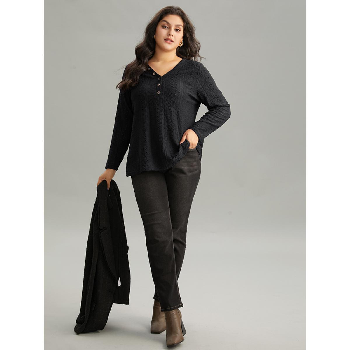 Plus Size Broderie Anglaise Button Detail Jacquard T-shirt Black Women Elegant Texture Plain V-neck Dailywear T-shirts BloomChic 28/5X Product Image