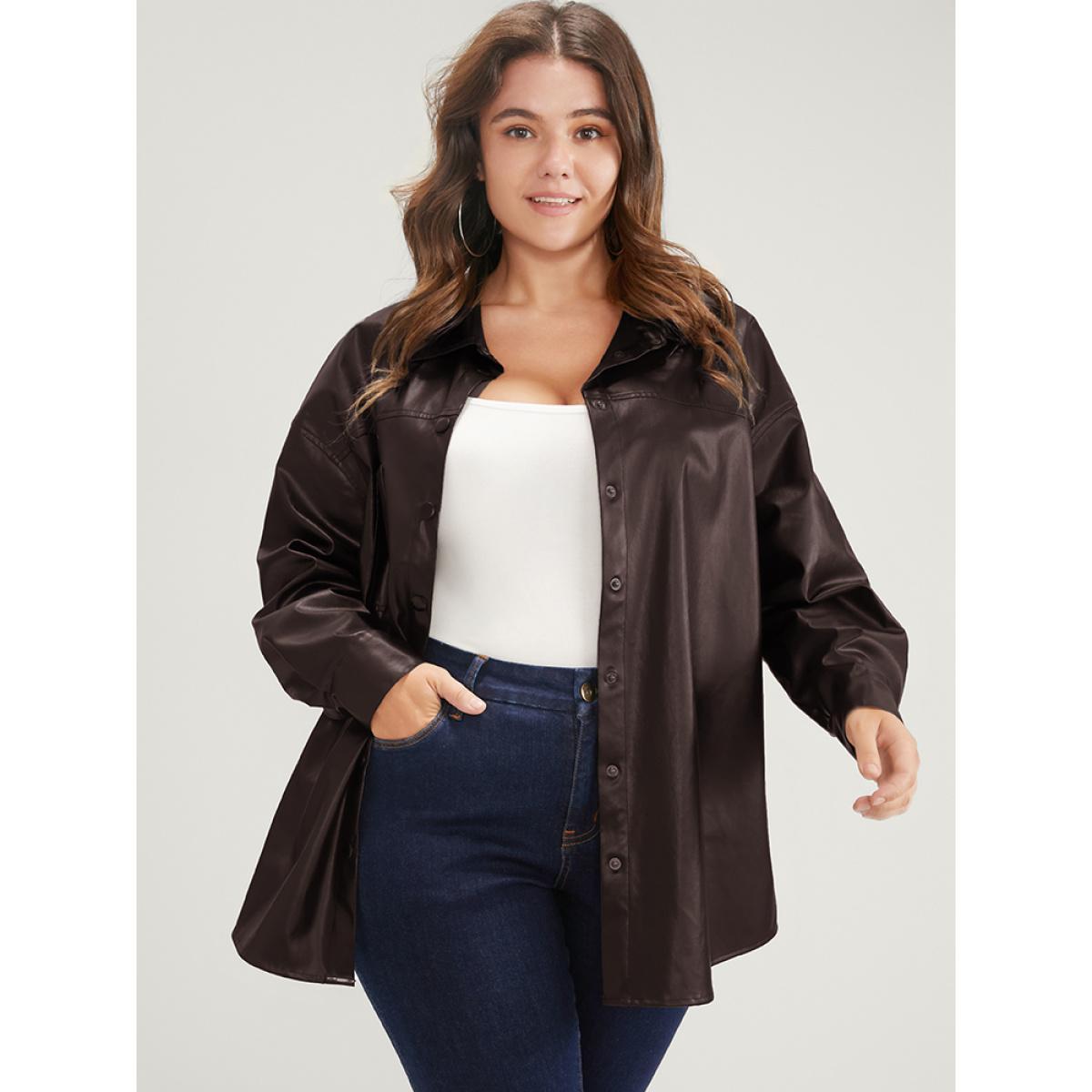Plus Size PU Leather Pocket Button Up Coat Women DarkBrown Casual Button Ladies Dailywear Winter Coats BloomChic 14-16/1X Product Image