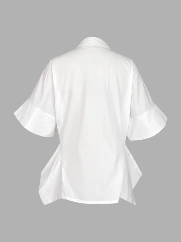 Half Sleeves Loose Buttoned Solid Color Lapel Blouses&Shirts Tops Product Image