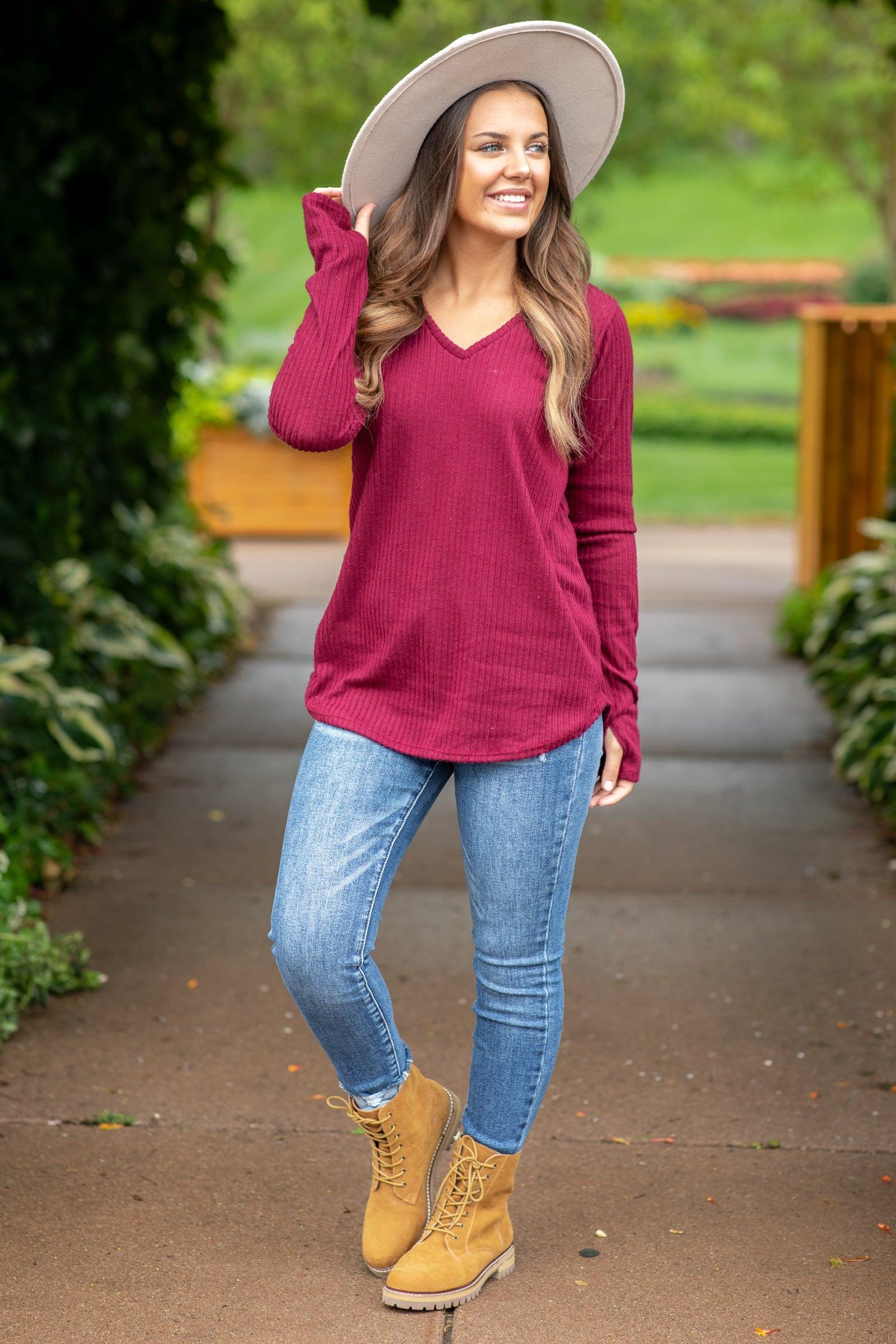 Burgundy V-Neck Ribbed Top With Thumbholes Product Image