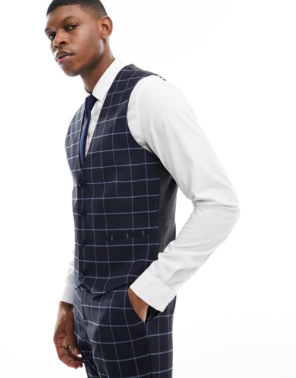 ASOS DESIGN skinny windowpane check suit vest in navy Product Image