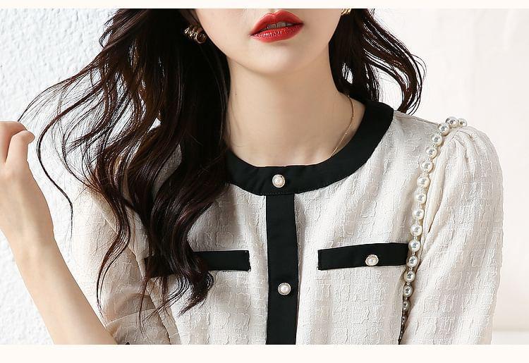 Crew Neck Contrast Trim Blouse Product Image