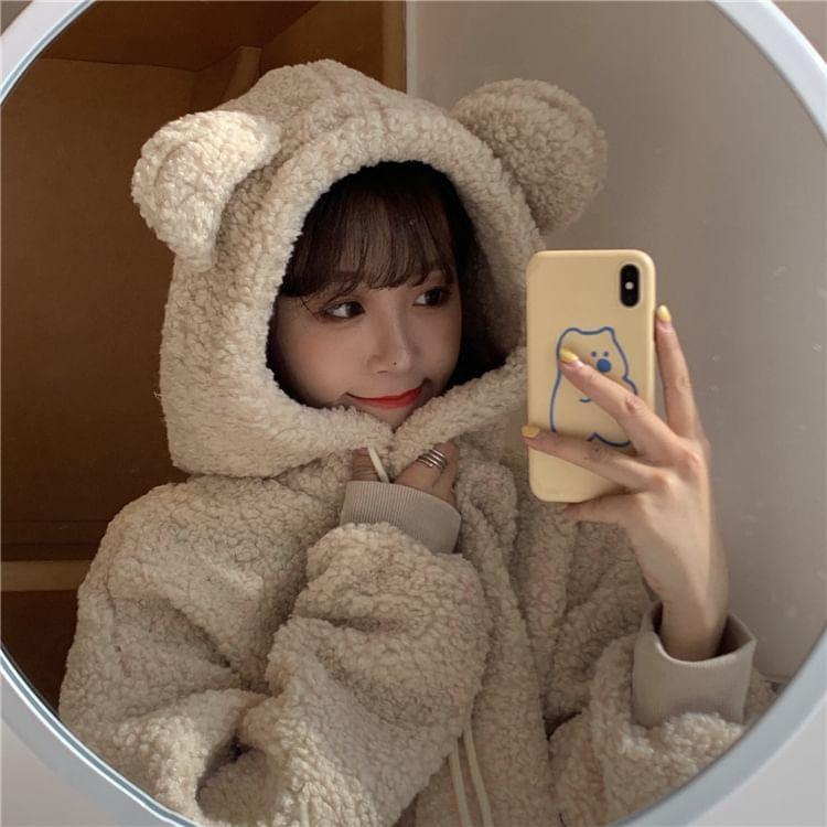 Plain Bear Ear Drawstring Fleece Hoodie Product Image