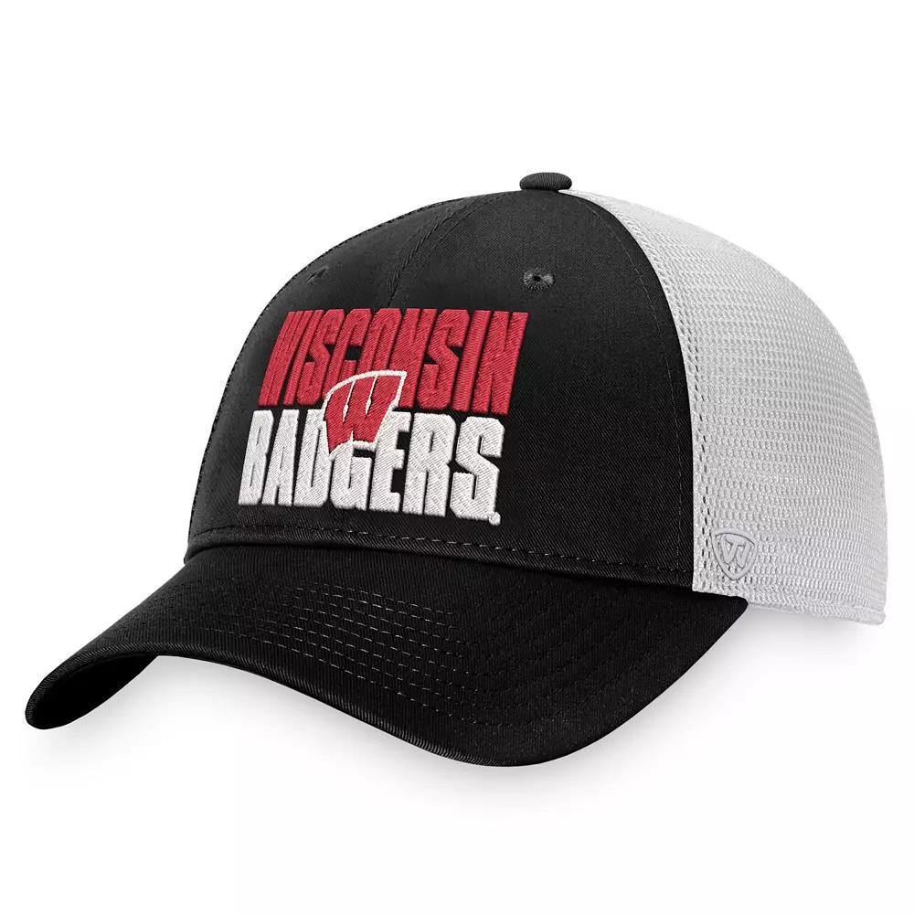 Men's Top of the World Black/White Wisconsin Badgers Stockpile Trucker Snapback Hat Product Image