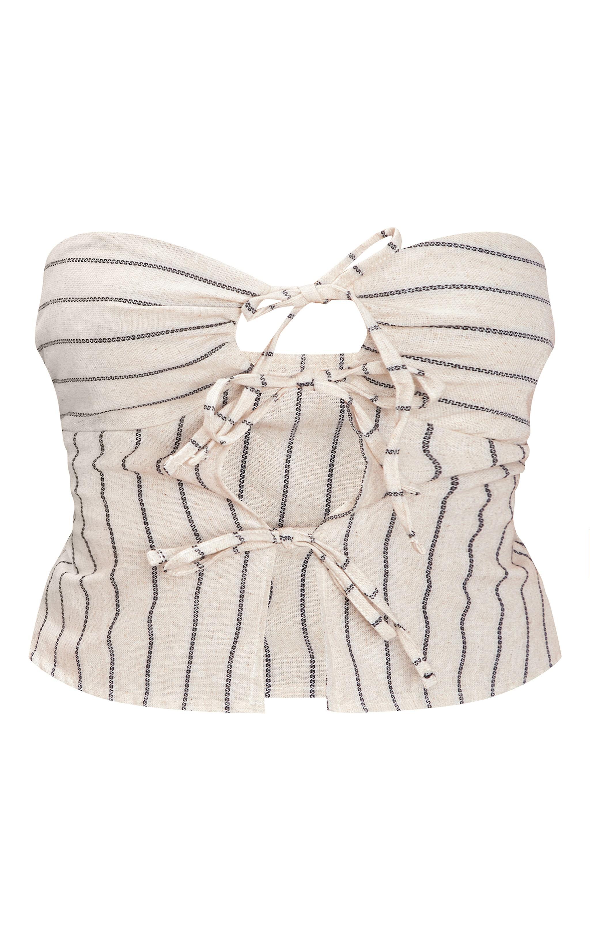 Stone Bandeau Tie Front Striped Linen Crop Product Image