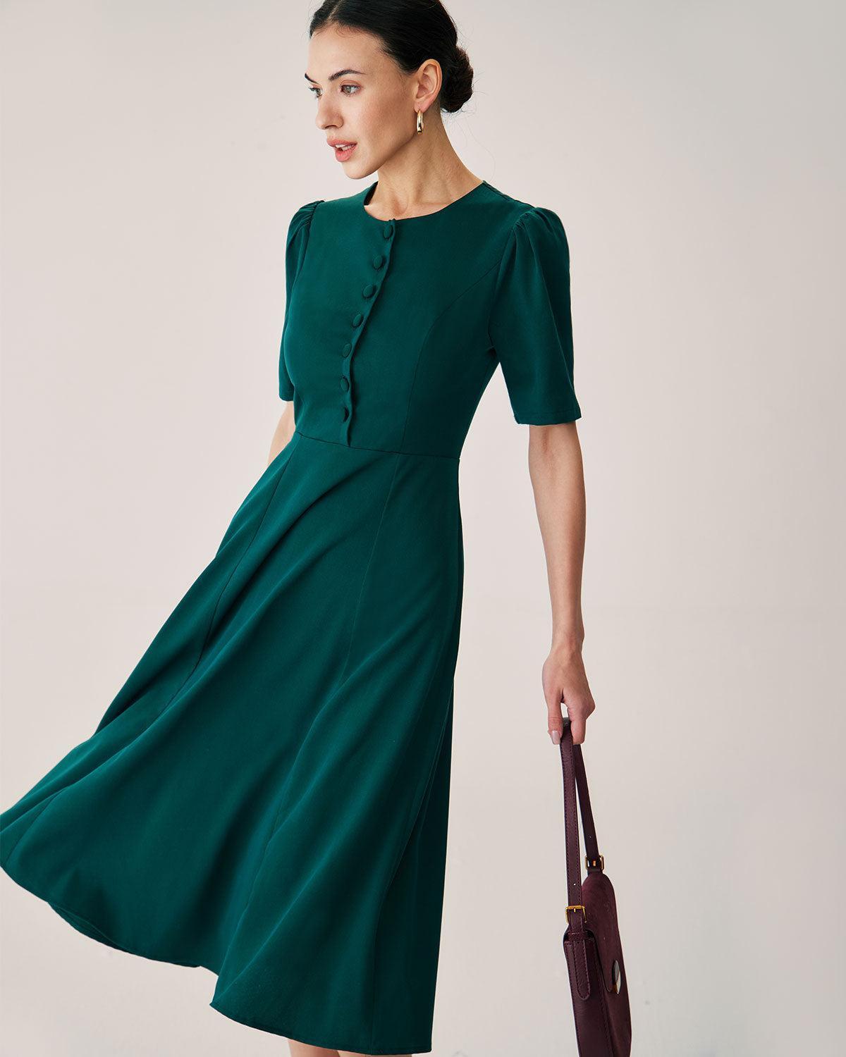 Green Puffed Sleeve Button Midi Dress Product Image