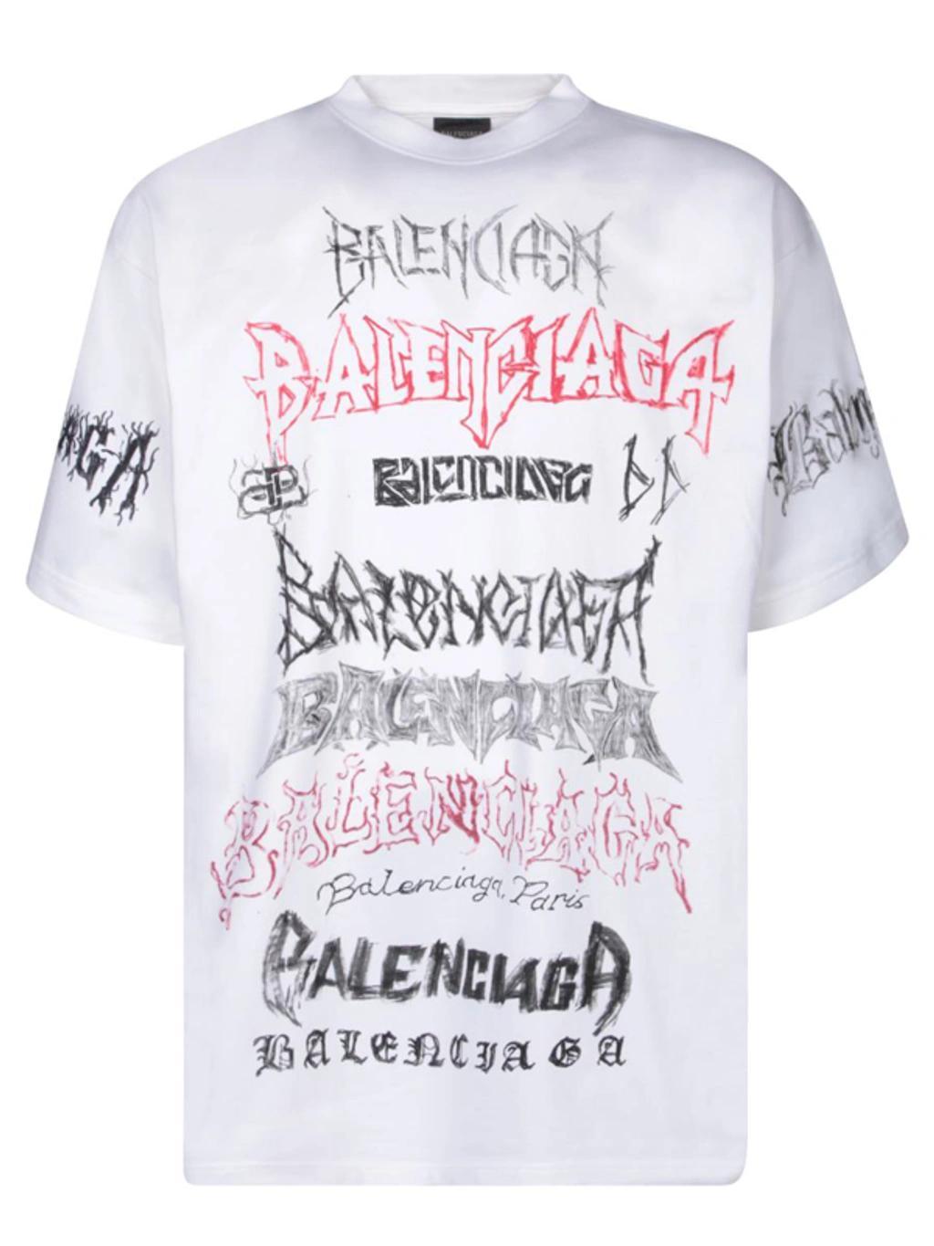 BALENCIAGA T-shirts And Polos White In Metal Logo Motif Printed On The Front, Sleeves And Back Product Image