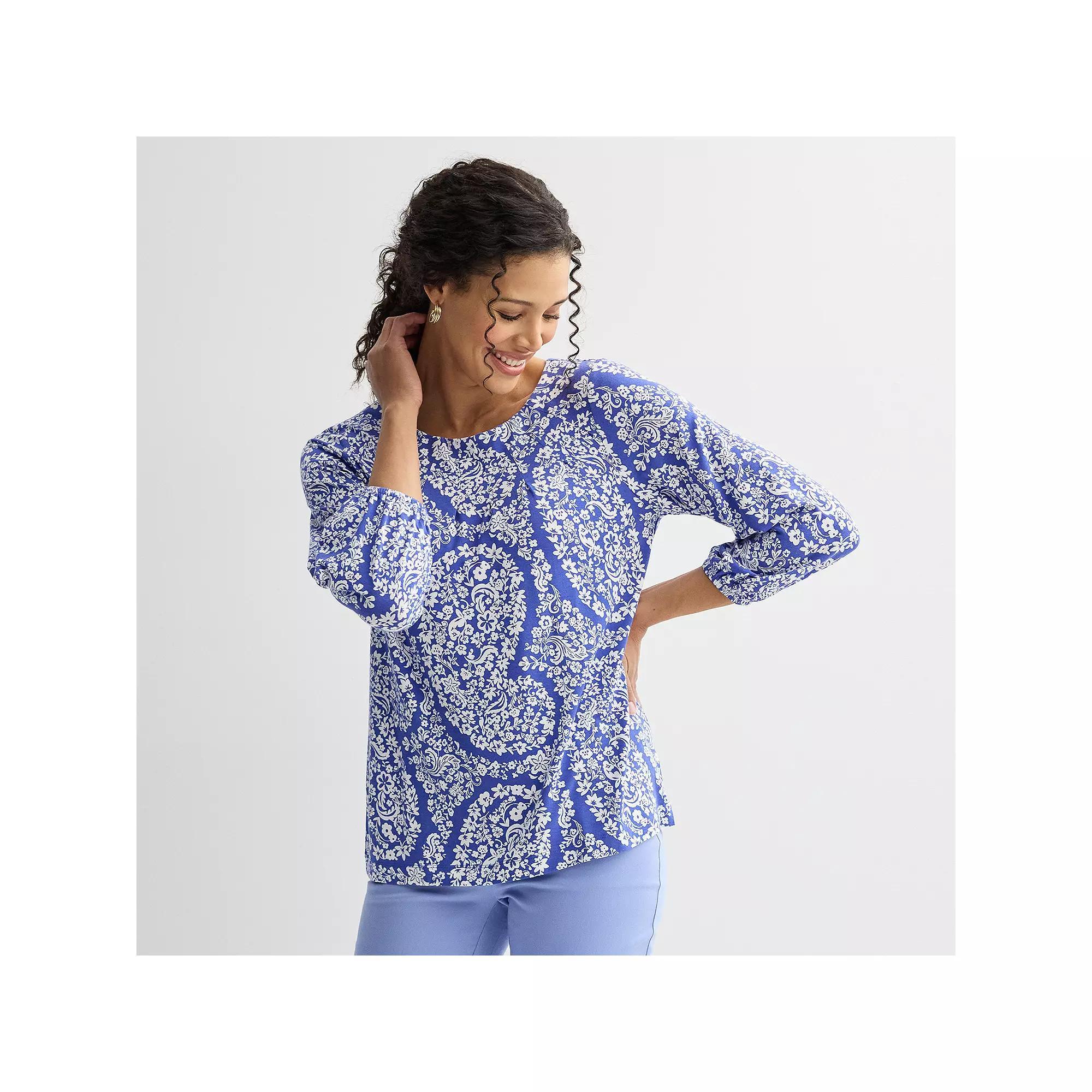 Women's Croft & Barrow® 3/4-Sleeve Pleated Top, Size: XL, Blue Floral Paisley Product Image