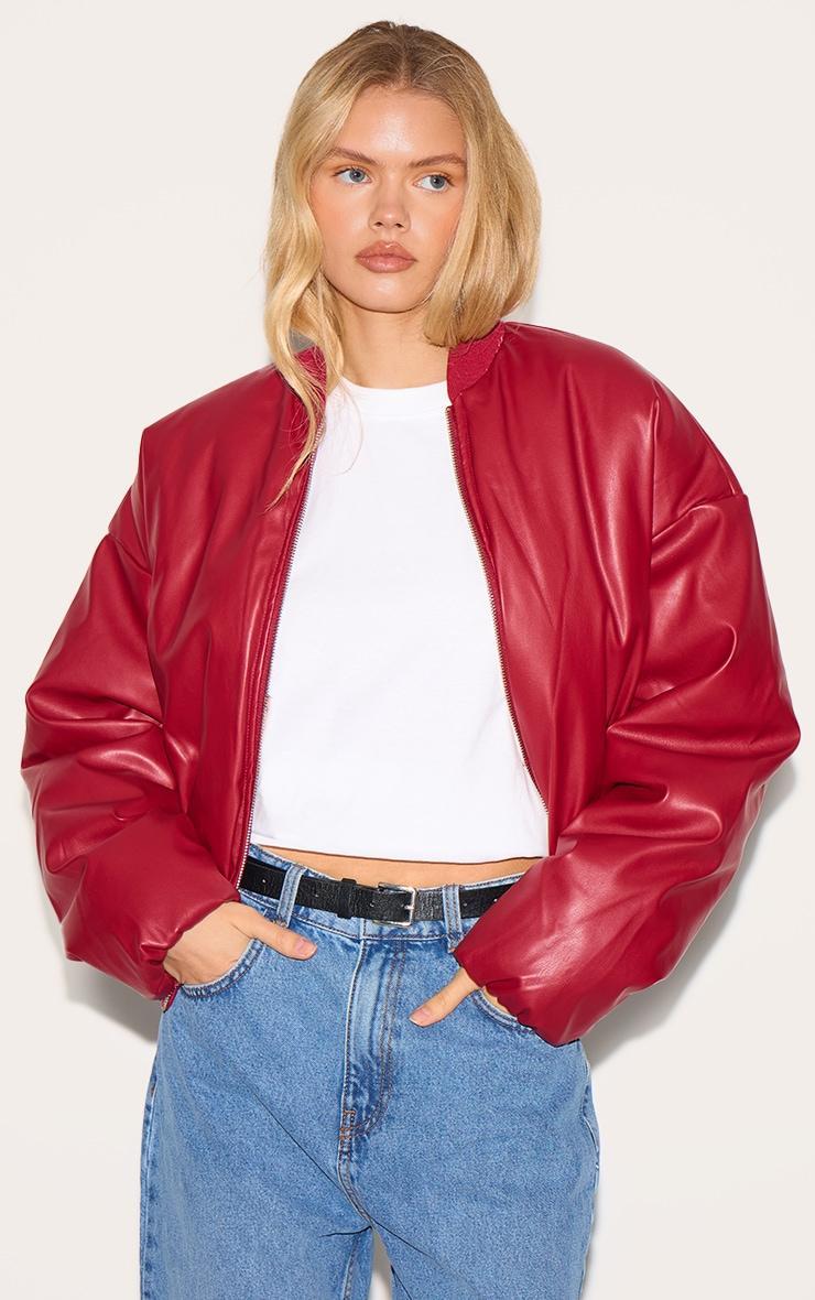 Cherry Red Faux Leather Oversized Bomber Jacket Product Image