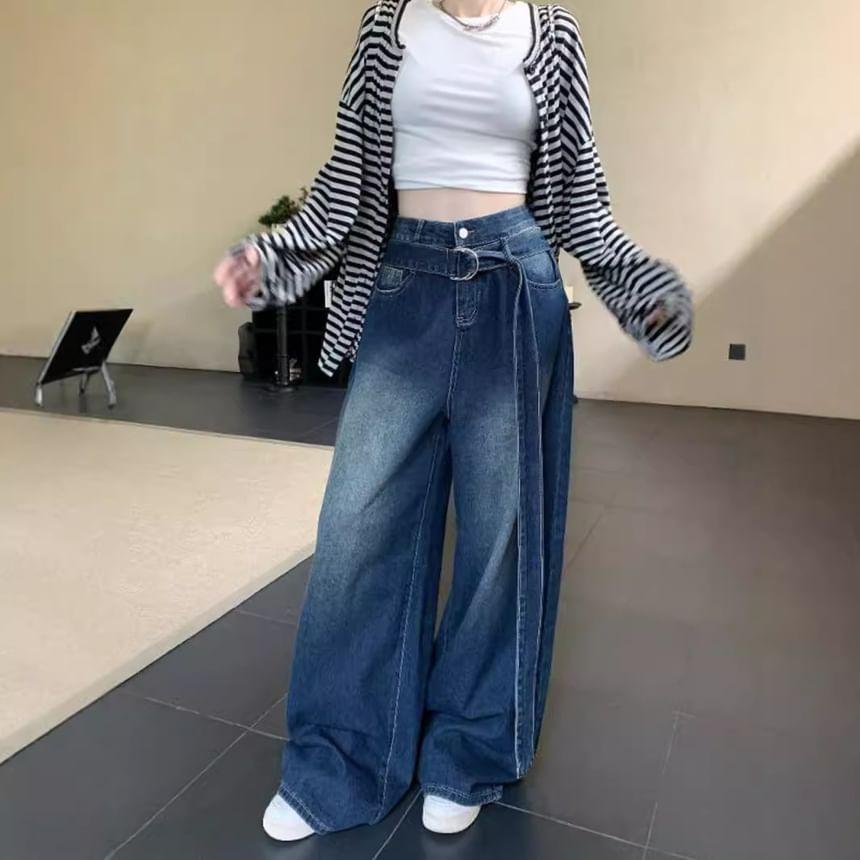 High Waist Belt Accent Washed Loose-Fit Wide-Leg Jeans Product Image