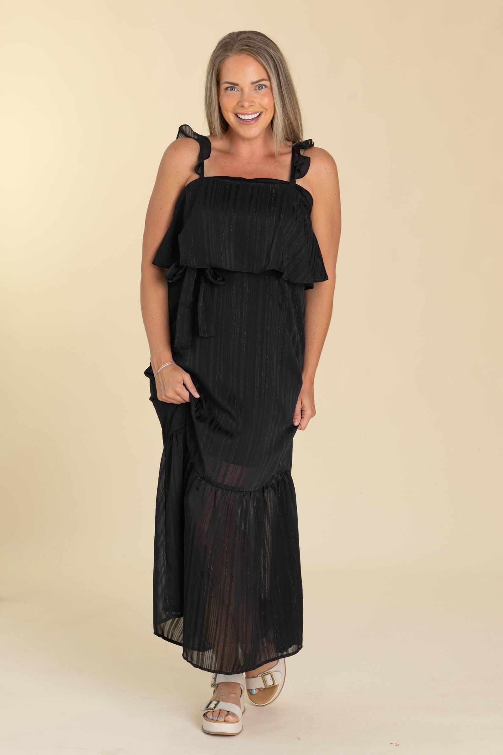 Black Chiffon Maxi Dress With Waist Tie Product Image