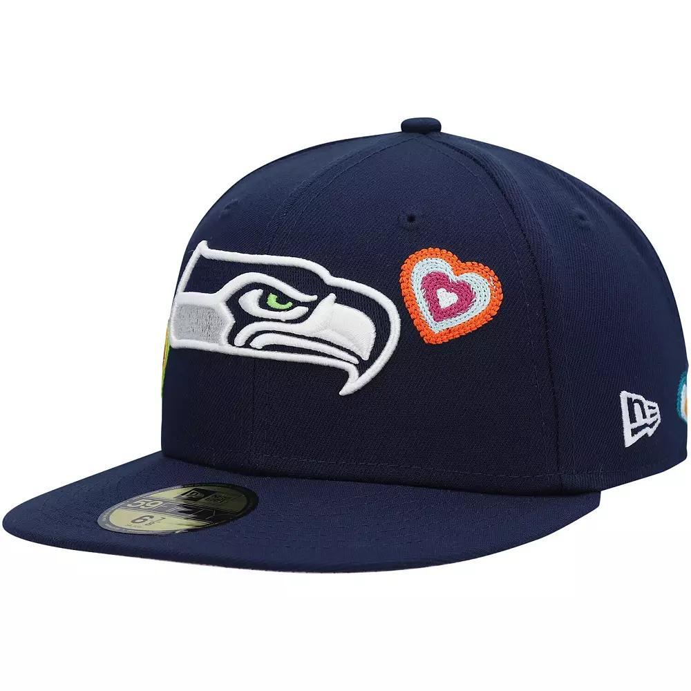 Men's New Era College Navy Seattle Seahawks Chain Stitch Heart 59FIFTY Fitted Hat,  Product Image