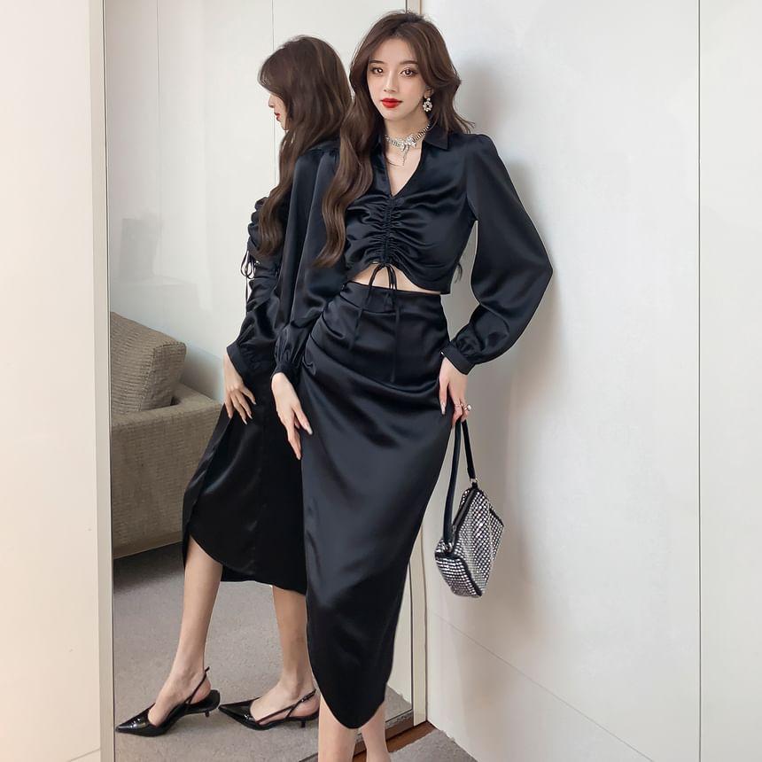 Set: Long-Sleeve Collared Plain Ruched Crop Blouse + High Waist Plain Midi A-Line Skirt Product Image