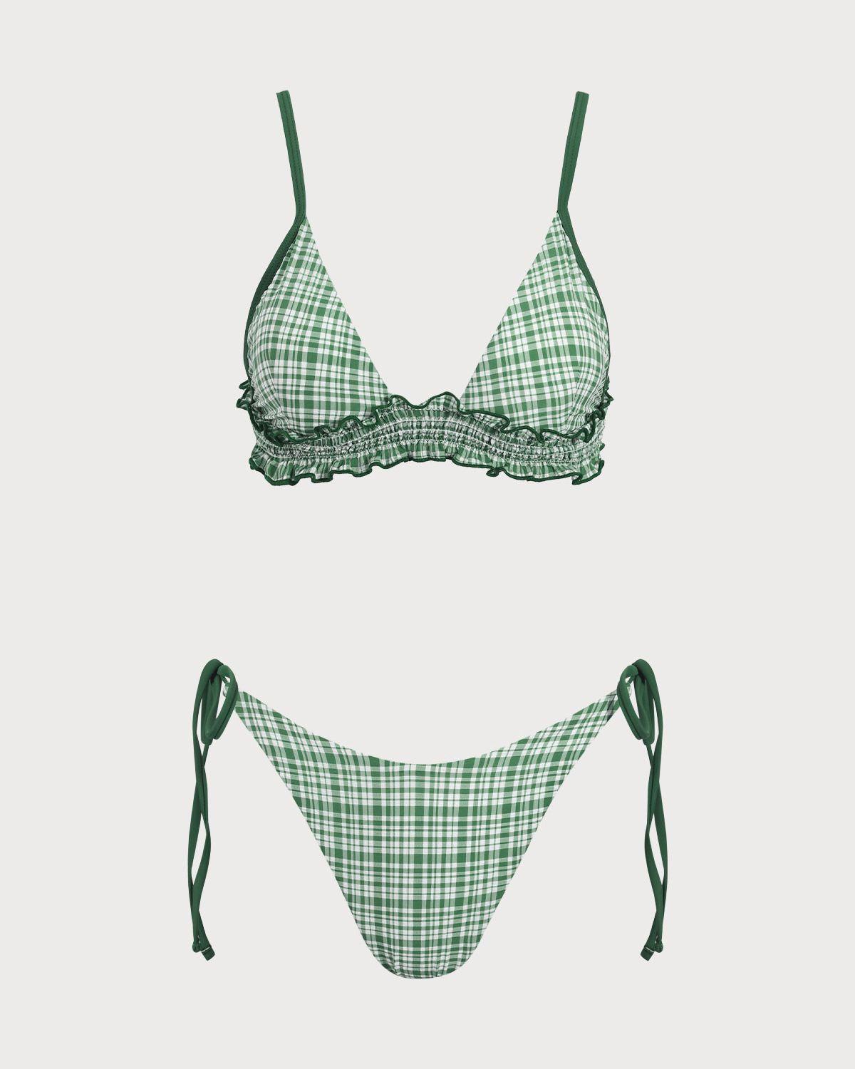 Green Contrast Plaid Wrinkled Bikini Set Product Image