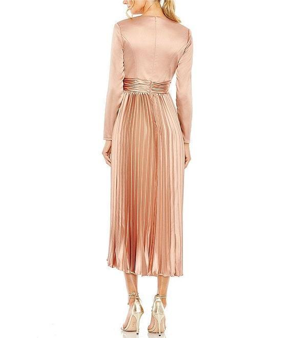Mac Duggal Pleated Satin V-Neck Long Sleeve Fit and Flare Midi Dress Product Image