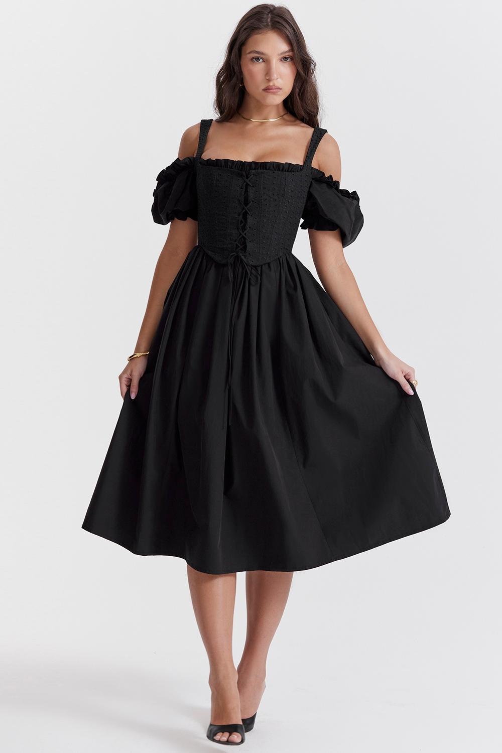 Silvana Black Puff Sleeve Midi Sundress Product Image