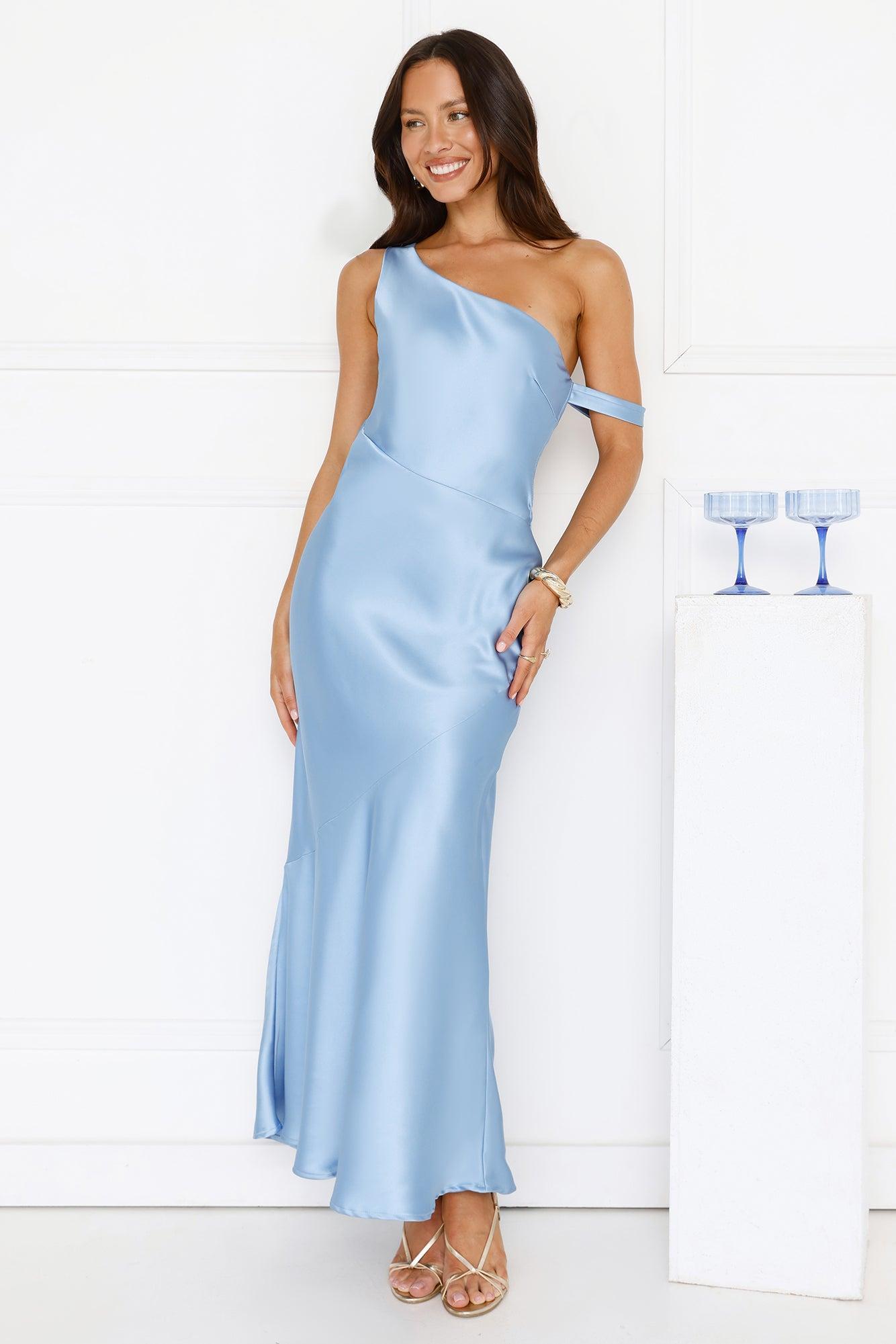 Glimmering Sky Satin Maxi Dress Blue Product Image