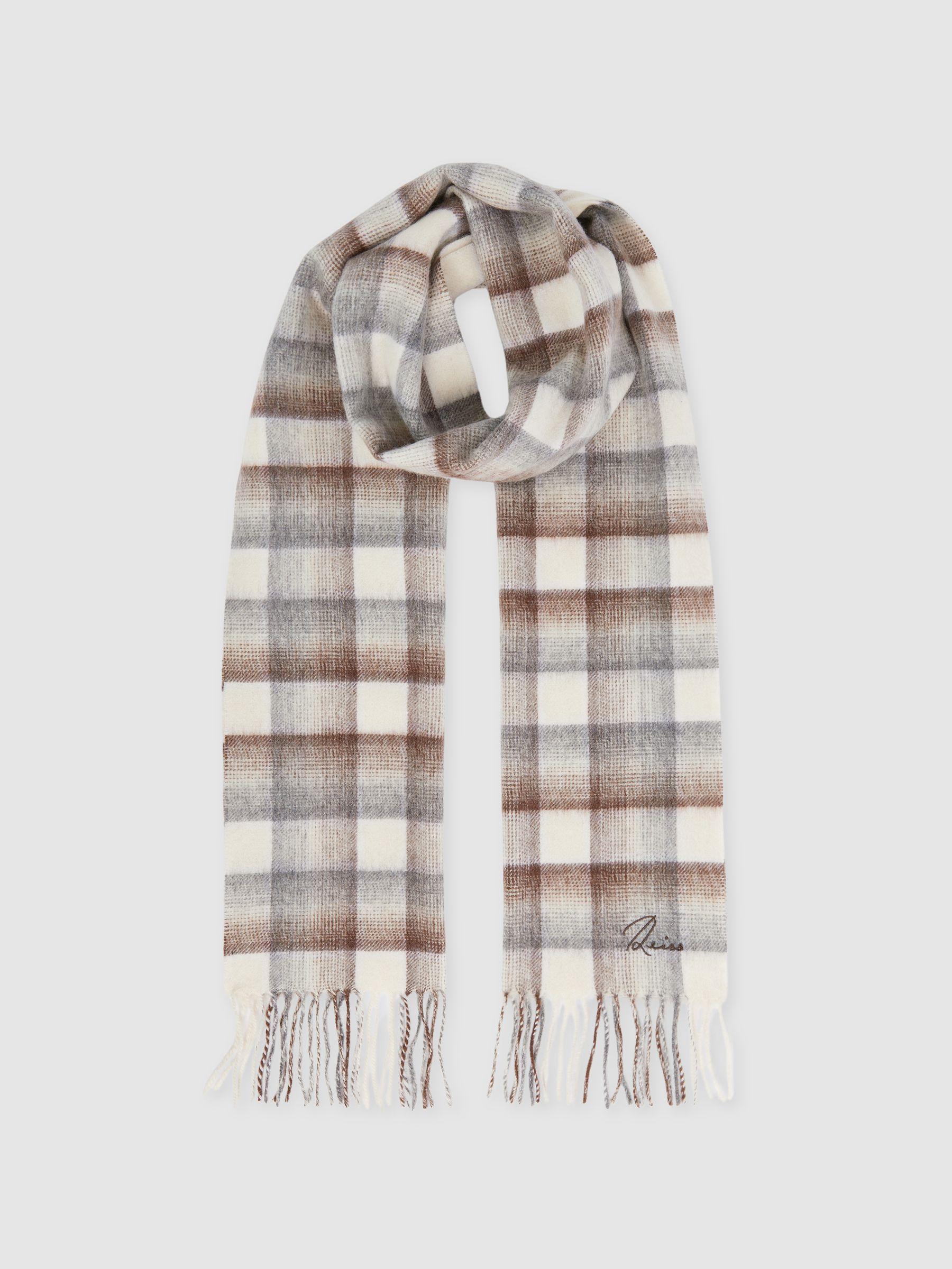 Wool and Cashmere Check Scarf in Brown/Oatmeal/Grey Product Image