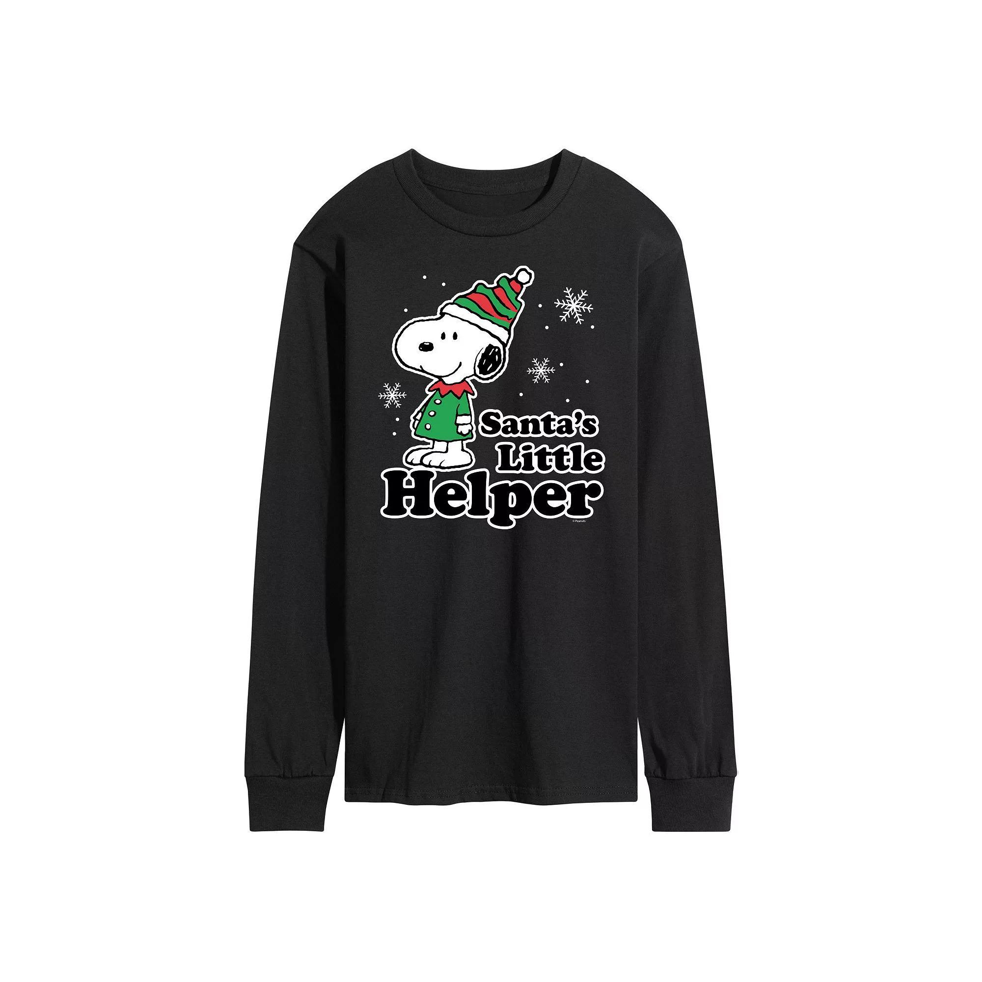 Men's Peanuts Santa's Little Helper Long Sleeve Tee, Size: Medium, Black Product Image