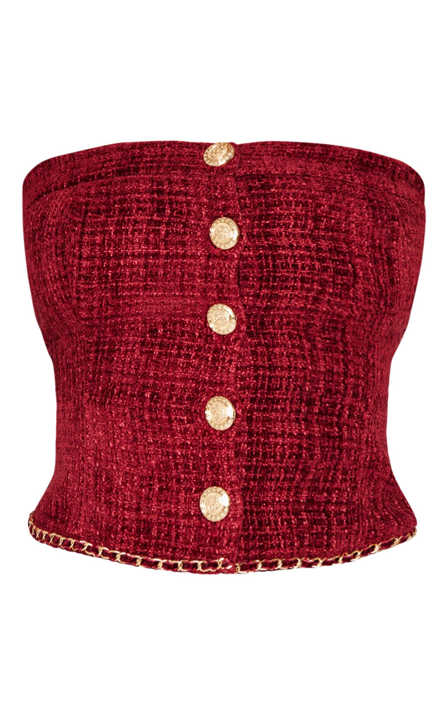 Petite Red Twill Bandeau Button Detail Top Product Image